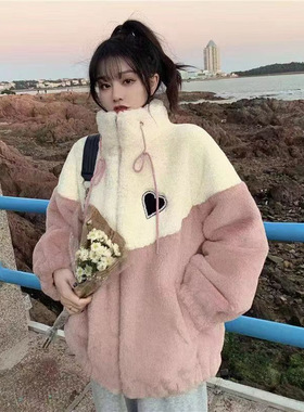 跨境羊羔绒卫衣女半高领秋冬加绒加厚保暖撞色拉链爱心韩式风外套