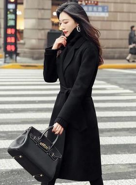 黑色双面毛呢大衣女新款秋冬高端气质洋气赫本中长款系带毛呢外套