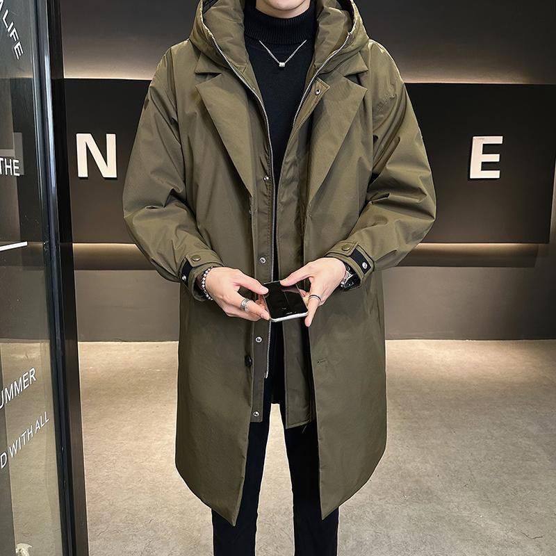 轻奢风中长款棉服男冬季加厚连帽假两件设计感韩版风衣外套潮大衣