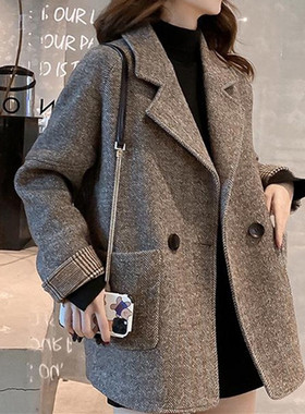 女外套秋冬2025年新款韩版英伦风毛呢加厚宽松休闲小西服上衣