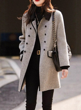 外贸春秋复古新款时尚双排扣休闲中长款气质撞色小翻领毛呢大衣女