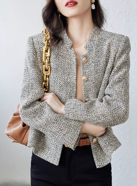 法式小香风外套女2025春秋新款立领毛呢时尚气质小众别致短款上衣