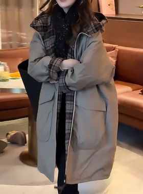 复古气质休闲中长款夹棉灰色外套女2025秋冬新款派克服连帽棉服女