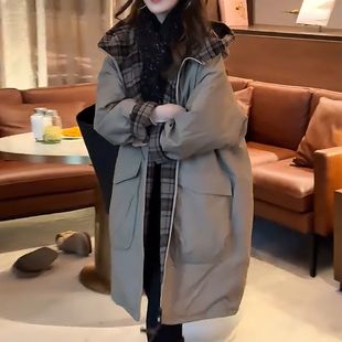 复古气质休闲中长款 派克服连帽棉服女 夹棉灰色外套女2025秋冬新款