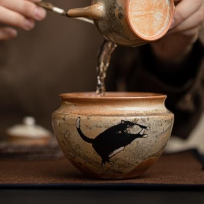 志野猫双际建水杯洗茶洗复古手绘陶瓷茶具配件废水缸茶渣缸水盂