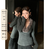 皮草内搭秋冬2025新款 HAMYIHO毛领V领磨毛打底衫 女加绒修身 厚上衣