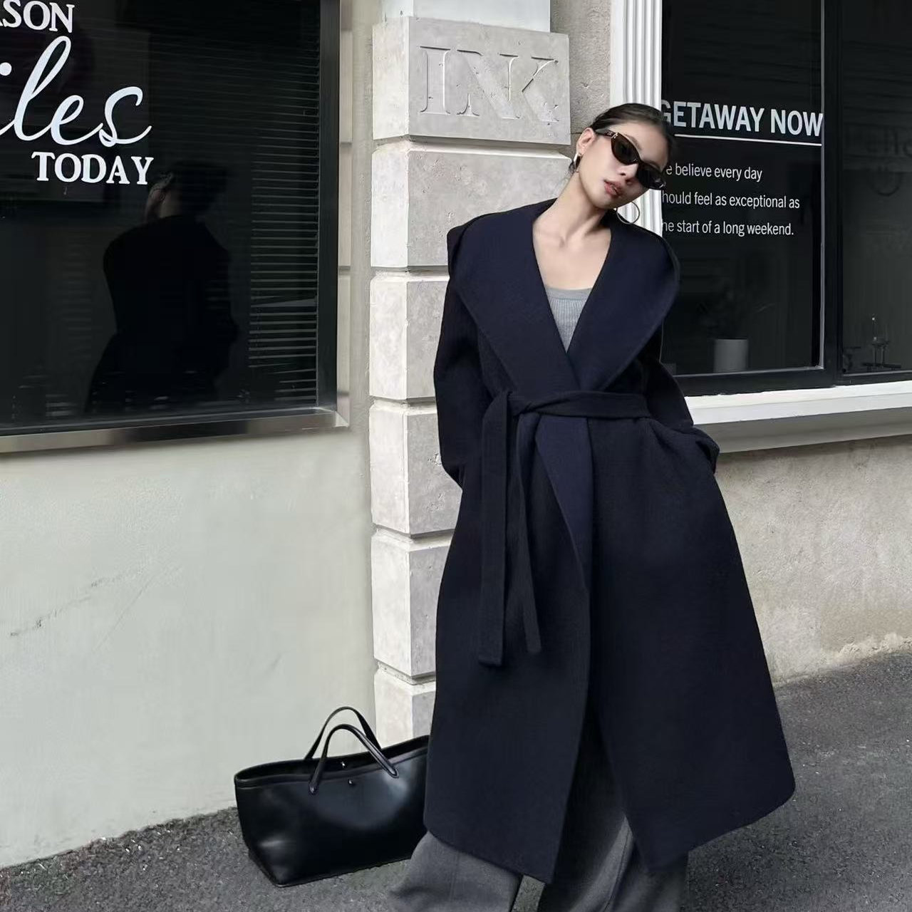 苏力羊驼浴袍连帽中长款羊毛大衣