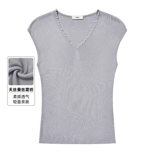 天丝蚕丝混纺针织T恤女无袖夏季深V领优雅气质女士打底衫