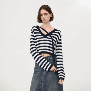 杏花疏影 条纹针织衫女淑女风减龄百搭秋季长袖针织女士毛衣