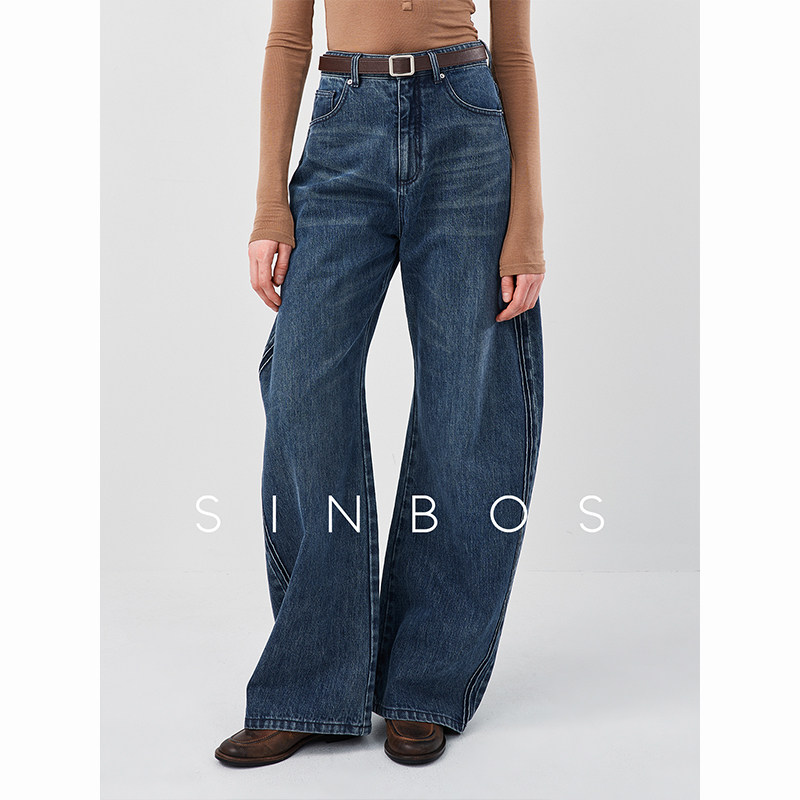 SINBOS山海 镰刀茧形牛仔裤女中腰秋季新款全棉复古休闲阔腿长裤图片