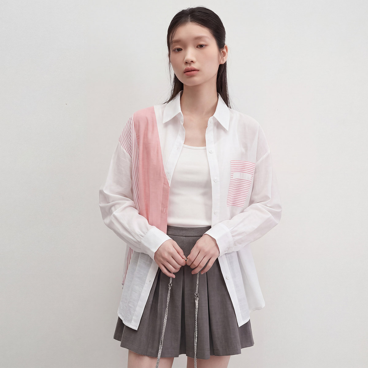 女装高级感夏装设计感拼接拼色长袖小众长袖衬衣图片