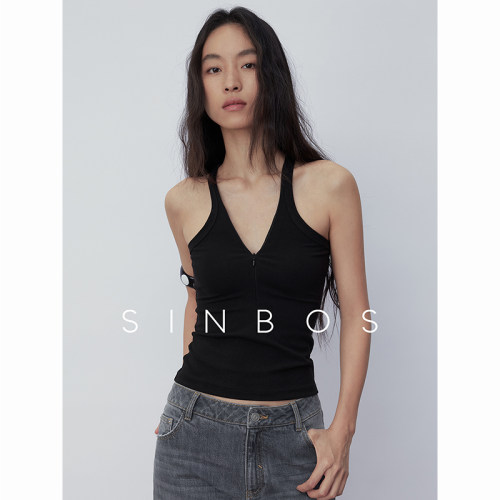 SINBOS夏之暮野 复古修身慵懒罗纹拉链女士修身背心2025夏季新款