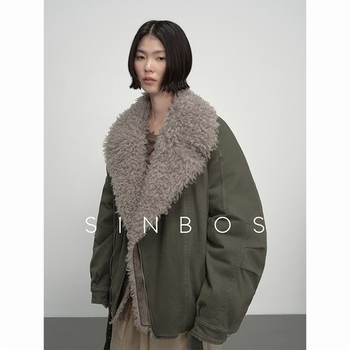 SINBOS迷雾航线 廓形机车服派克大衣 可拆羊毛胆冬季加厚皮草外套