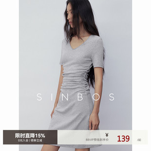 SINBOS缪斯之语 简约V领正肩抽褶修身A字氨纶连衣裙2025夏季新款
