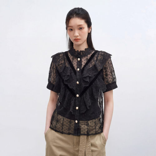 春夏t裇女短袖复古蕾丝拼接甜美气质古风别致蕾丝上衣T恤女