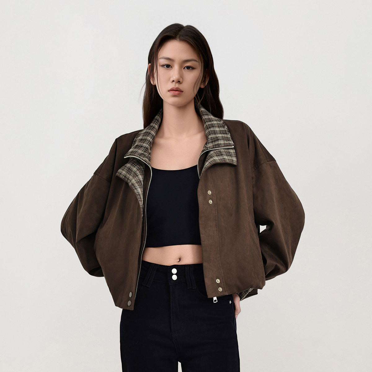 国王湖影 美拉德绒面复古女士外套秋季宽松休闲绒面夹克女图片