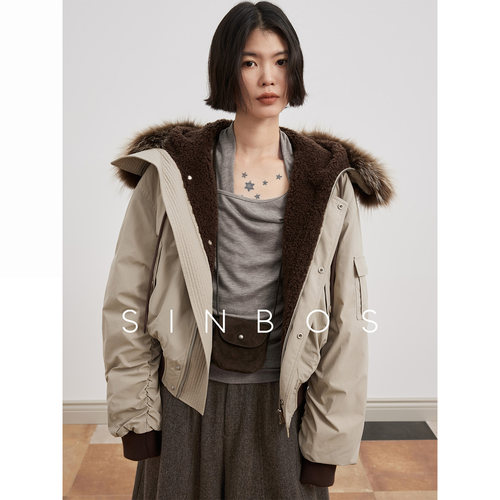 SINBOS城市游踪 连帽宽松貉子毛领羊毛派克服皮草女2025秋冬新款