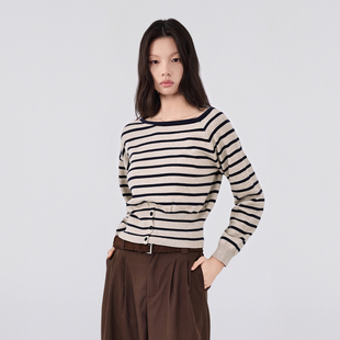 晴昼微光 松弛感条纹女士针织衫秋季长袖慵懒风减龄针织T恤女