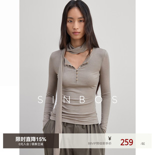 SINBOS长岛假期 磨毛设计优雅飘带羊毛修身打底衫女2025冬季新款