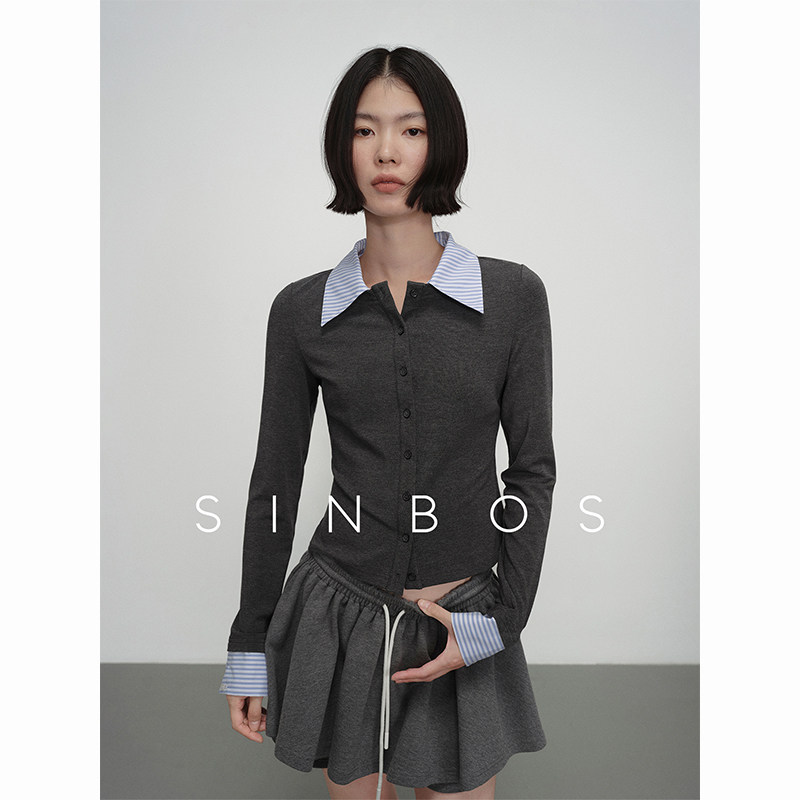 SINBOS简悦高智 拼接风衬衫领天丝羊毛混纺假两件长袖针织开衫女图片