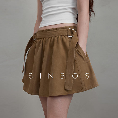 SINBOS轻盈漫步 设计感绒面小绵羊皮真皮半身伞裙女2025秋季新款