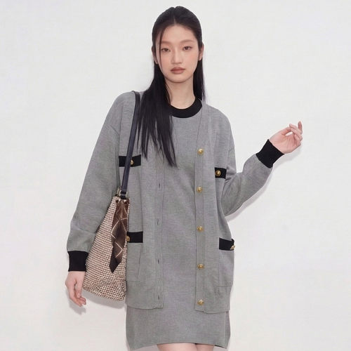 春秋女套装上衣裙子纯色两件套慵懒休闲风针织套装女