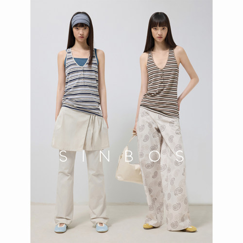 SINBOS跃动经纬 设计感天丝条纹撞色复古u领背心吊带女25夏季新款