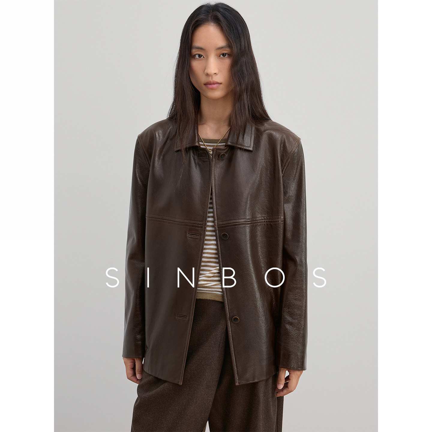 SINBOS沉思录 复古双色油蜡进口真皮皮衣中长款外套女25冬季新款图片