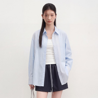 衬衫女夏季设计感拼接拼色长袖小众休闲长袖衬衣