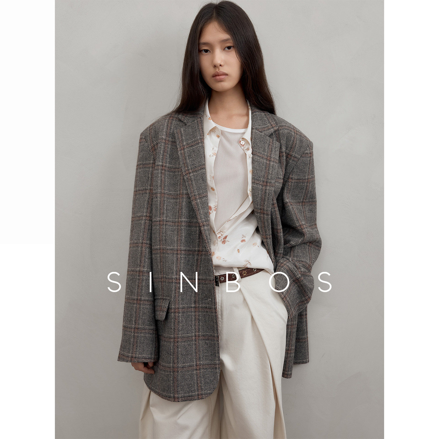 SINBOS卢浮宫 慵懒毛呢格纹绵羊毛休闲西装女士外套2025秋季新款图片