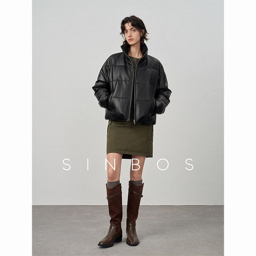 SINBOS逐日 轻软无压 进口绵羊皮立翻领微阔休闲皮羽绒服女90鸭绒