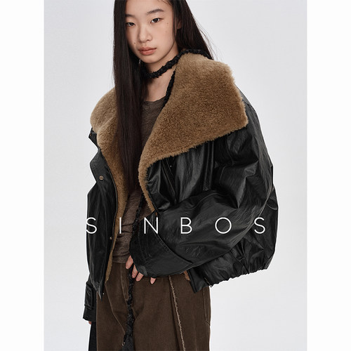 SINBOS藏区徒步 防风涂层羽绒服女冬季新款羊毛领短夹克加厚外套