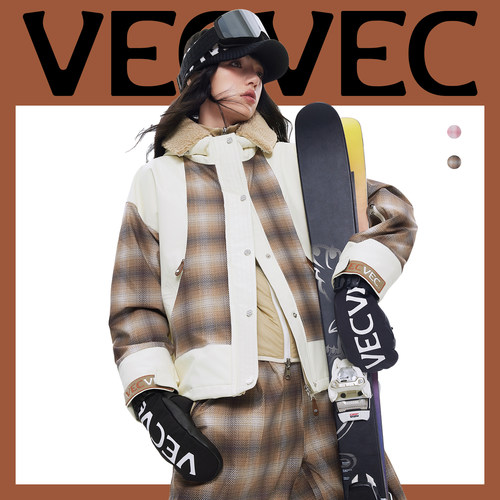 VECVEC双板自由式棕色滑雪服女单板3L羊羔绒保暖防风防水透气耐磨