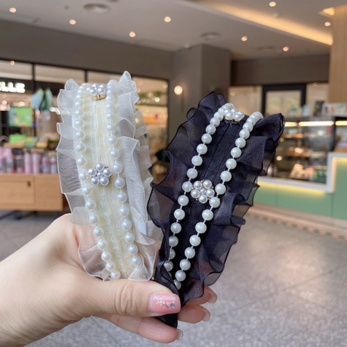 麦菲兔 蒙娜丽莎网纱珠珠宽边发箍2024新款时尚轻奢发饰百搭头饰