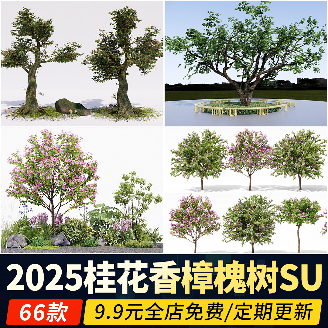丛生桂花香樟国槐园林小乔木朴树乌桕槭树栾树榆树行道树su模型