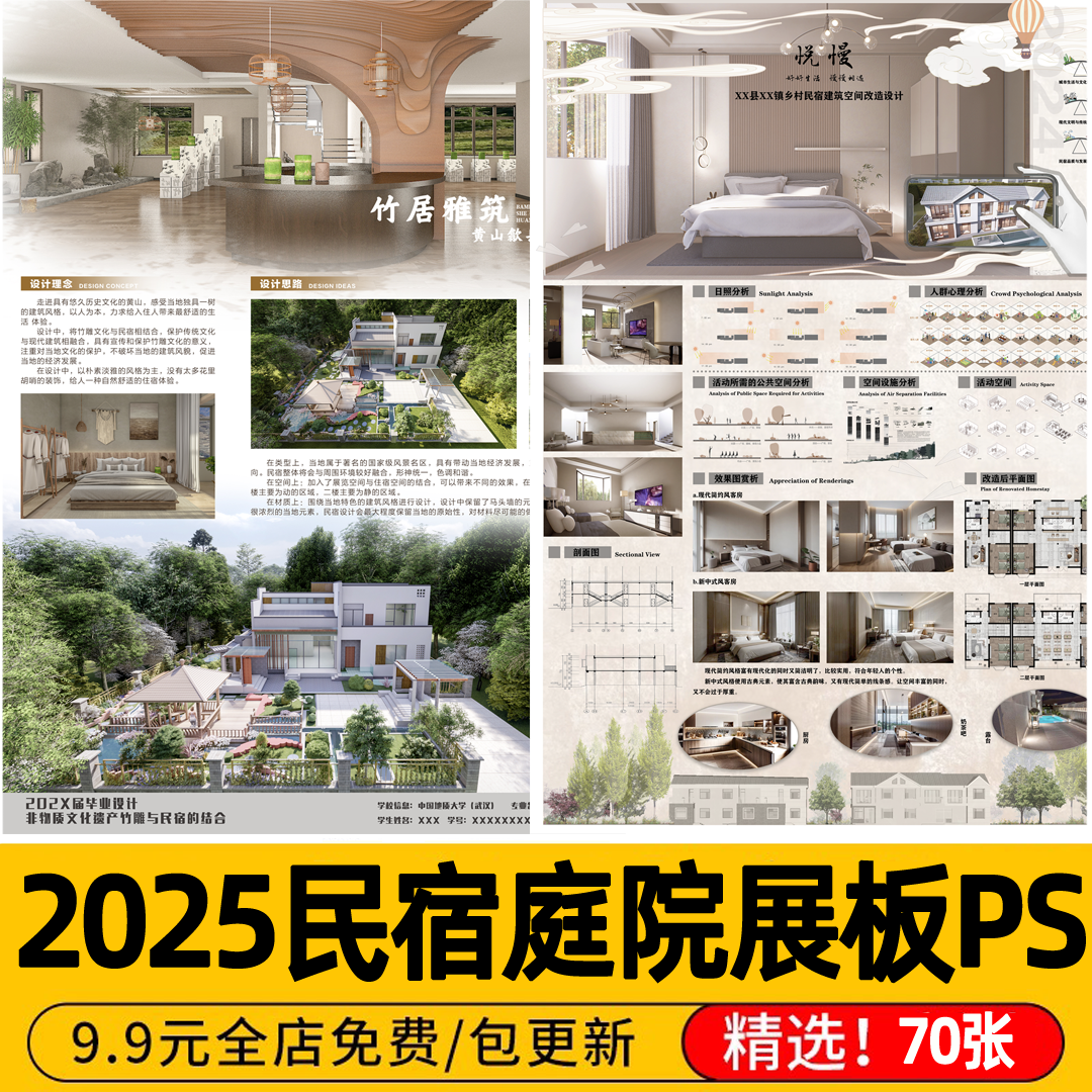 乡村民宿设计建筑室内别墅庭院民居改造分析图素材PSD模板PS展板