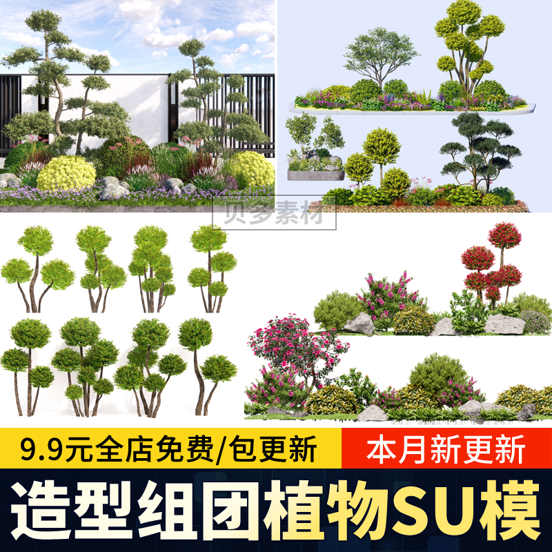 造型植物造型树灌木球组团组合亮晶女贞修剪棒棒糖园林庭院SU模型