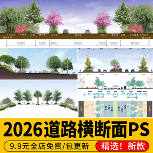 城市道路横断面 图 立面剖面图标准段市政公园节点大样ps素材psd