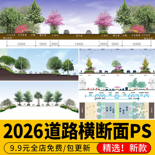 城市道路横断面 图 立面剖面图标准段市政公园节点大样ps素材psd