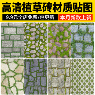 植草砖透水砖草坪砖停车场生态地面铺装石头碎拼SU材质素材PS贴图