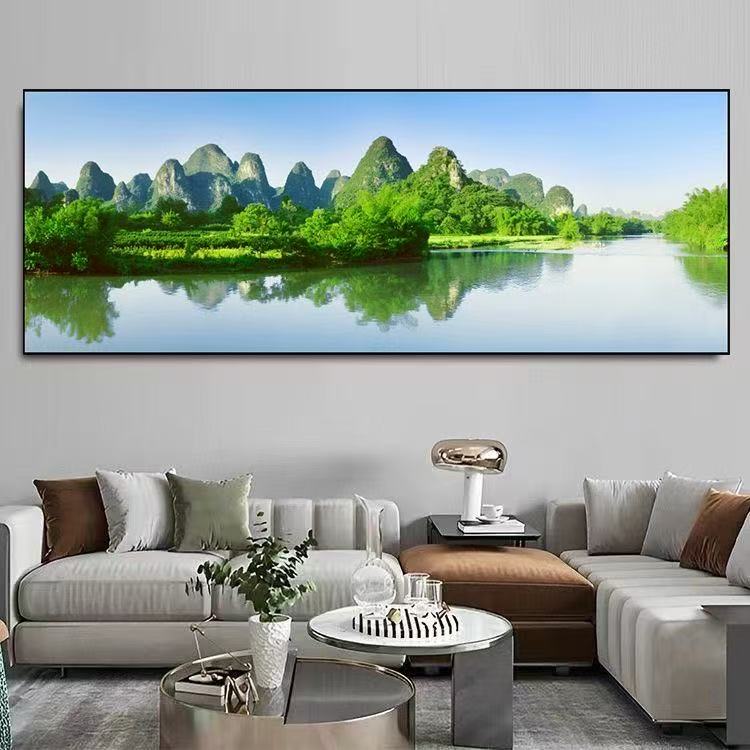 新款客厅山水风景装饰画横版简约招财风水画沙发背景墙壁自粘贴画