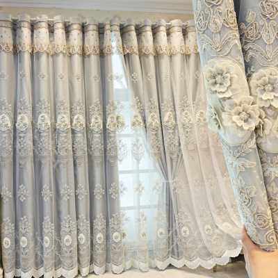 欧式简约双层窗帘粉色布纱一体成品奢华大气客厅卧室浮雕绣花窗帘