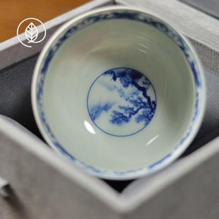 陶瓷复古单人杯子 景德镇青花狮子滚绣球茶杯主人杯仿古高足杯中式