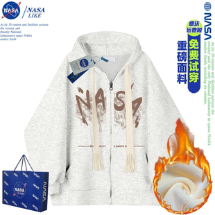 NASA烟雾字母加绒加厚重磅美式 拉链百搭卫衣外套男女运动潮牌 开衫