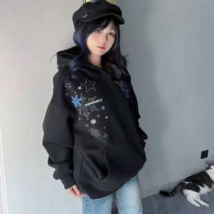 加绒加厚刺绣连帽卫衣雪花男女款秋冬季2026新款帽衫薄款宽松上衣