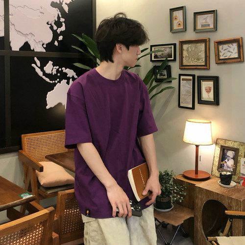 大码宽松葡萄紫纯棉短袖t恤男女情侣装春夏季百搭小众高级感上衣
