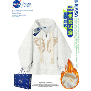 NASA联名蝴蝶开衫 复古潮牌男女秋冬加绒加厚外套 拉链休闲卫衣美式