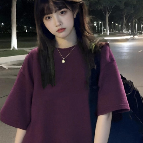 美式复古式紫色高级感短袖t恤女夏季半袖潮牌女装上衣情侣装百搭