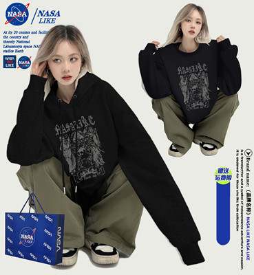 NASA联名骷髅头美式复古连帽卫衣男女宽松情侣装加绒加厚秋冬外套