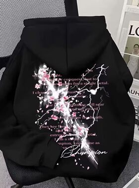 美式高街加绒情侣卫衣男女樱花剑